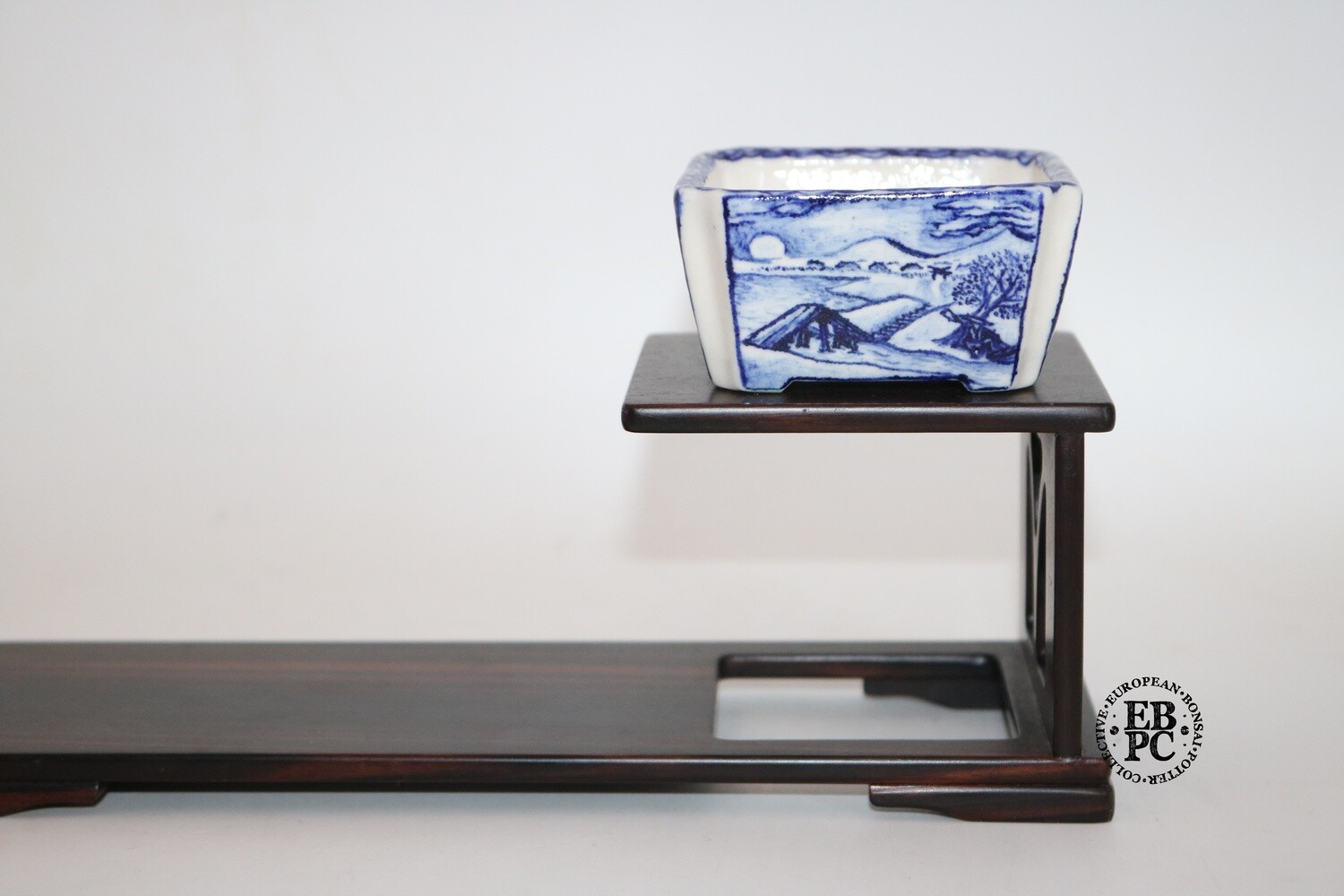 Guerao Bonsai Pots -Collaboration Piece!  Porcelain; Underglaze Painted Scenes; Sometsuke / Blue; Square; Cut Corners; Guerao Pot; 1st &amp; 2nd Gen&#39;