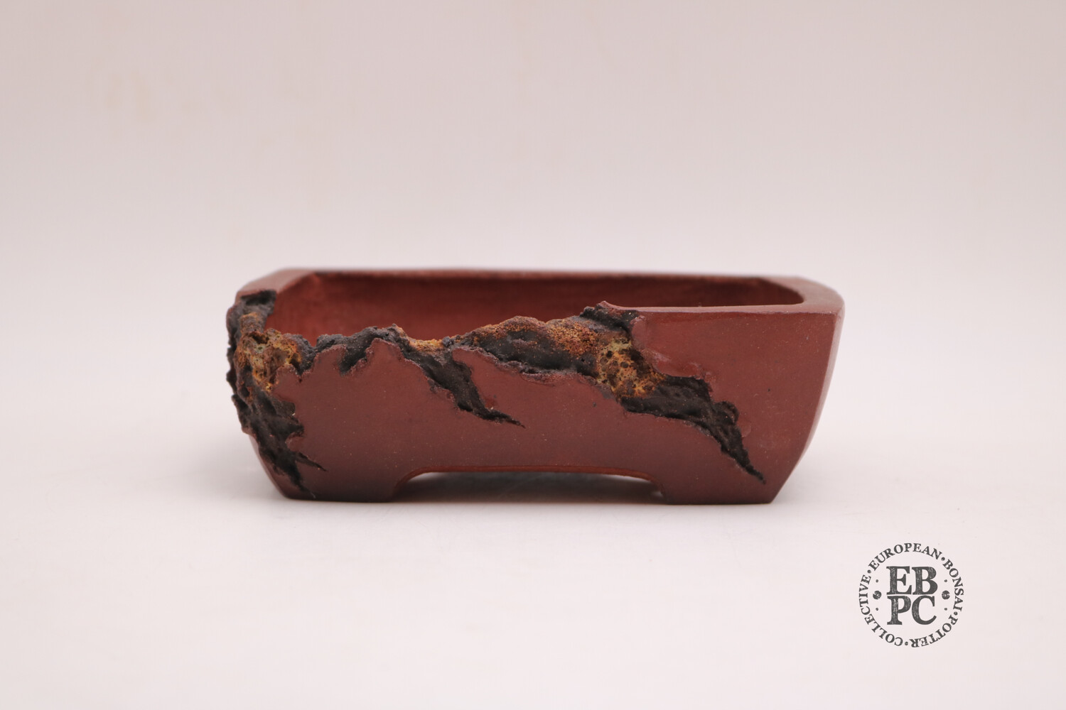 SOLD - M. J. G. Ceramica - 15.6cm; Unglazed; Reddish Brown; Mushikui (Bug Eaten) Effect; Rectangle, Superb Detailing; Maria Jose Gonzalez.