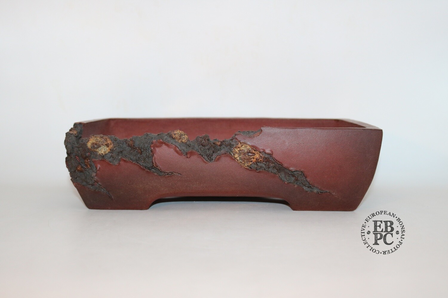 SOLD - M. J. G. Ceramica - 31.2cm; Unglazed; Reddish Brown; Mushikui (Bug Eaten) Effect; Rectangle, Superb Detailing; Maria Jose Gonzalez.