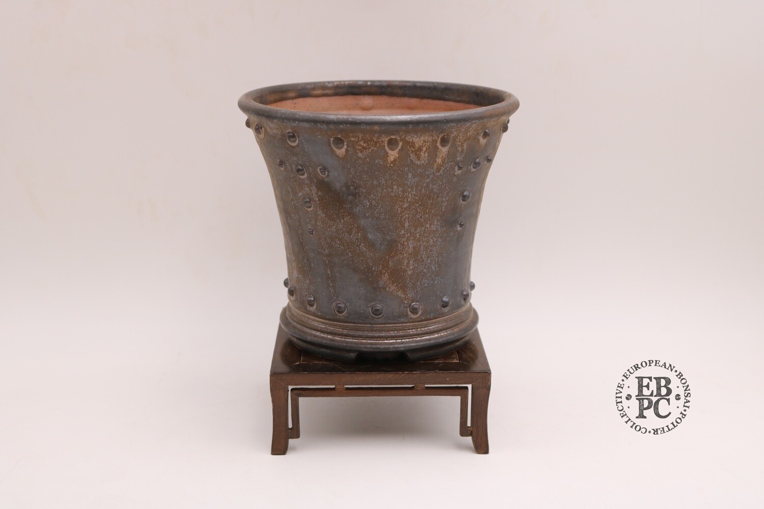 SOLD - Dragonfly Bonsai Pots. 16.5cm; Glazed; &#39;Metallic Bronze Glaze; Round; Cascade; Studs &amp; Banding Details; Aged Look