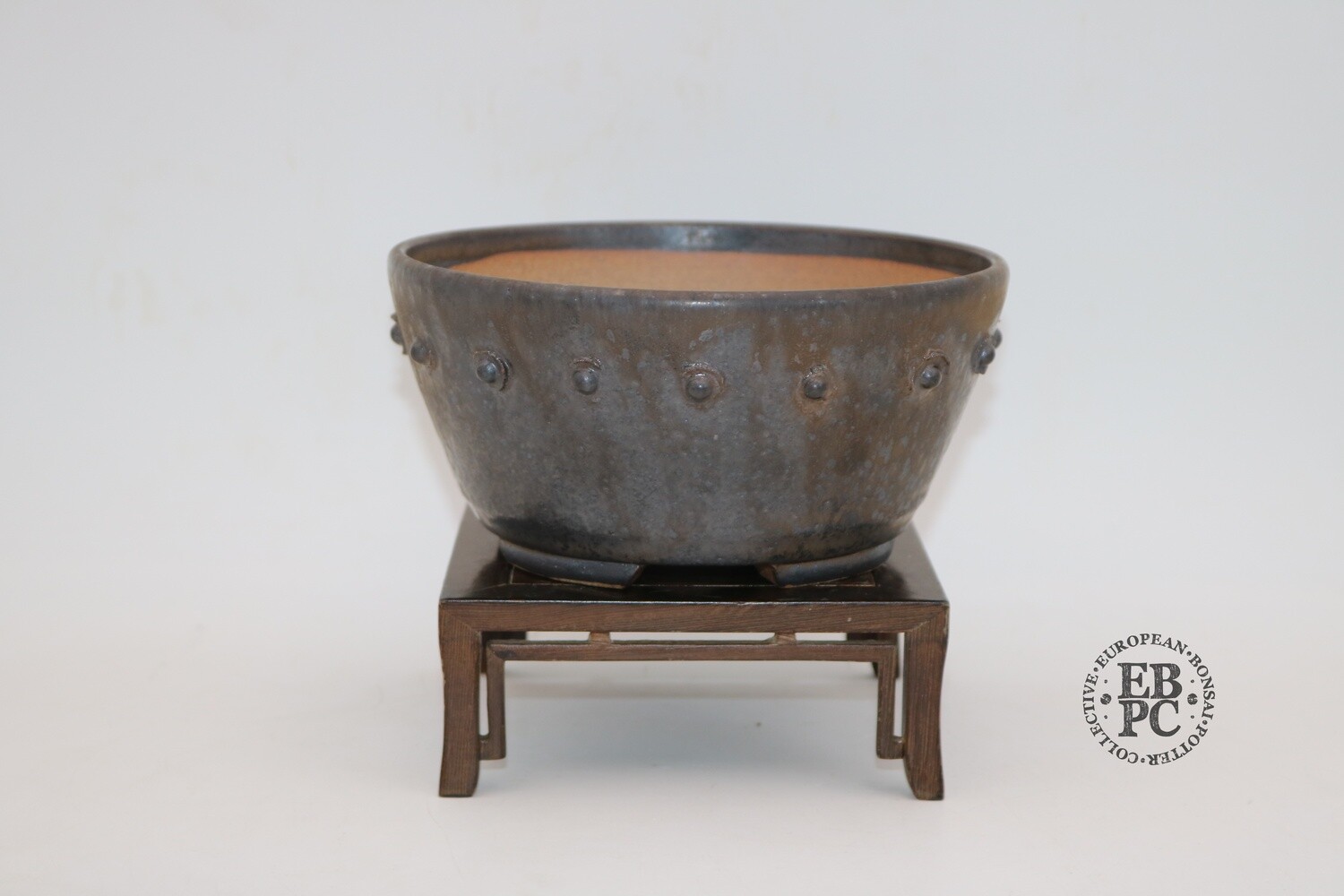 SOLD - Dragonfly Bonsai Pots. 16.3cm; Glazed; 'Metallic Bronze Glaze; Round; Semi-Cascade; Studs/Rivets Details;