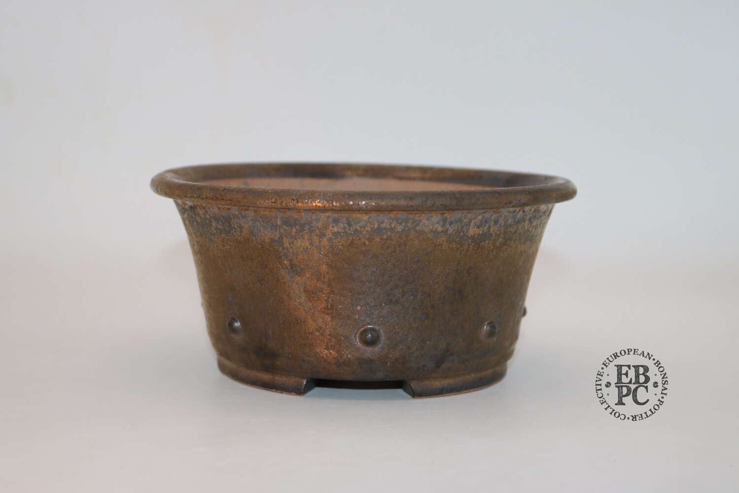 SOLD - Dragonfly Bonsai Pots. 16.7cm; Glazed; 'Bright Bronze Glaze; Round; Semi-Cascade; Studs/Rivets Details;