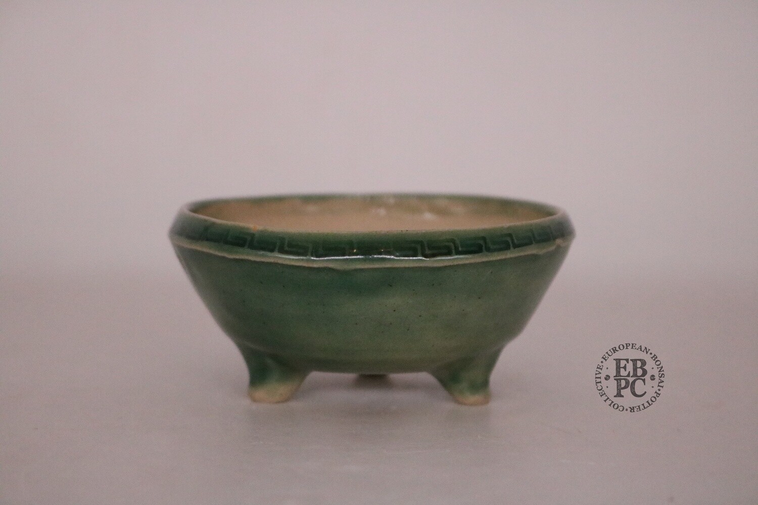 SOLD - Amdouni Bonsai Pots - 9.4cm; Porcelain; Celadon; 'Greek Key pattern; Round; Mame/ Accent pot; Green; Sami Amdouni