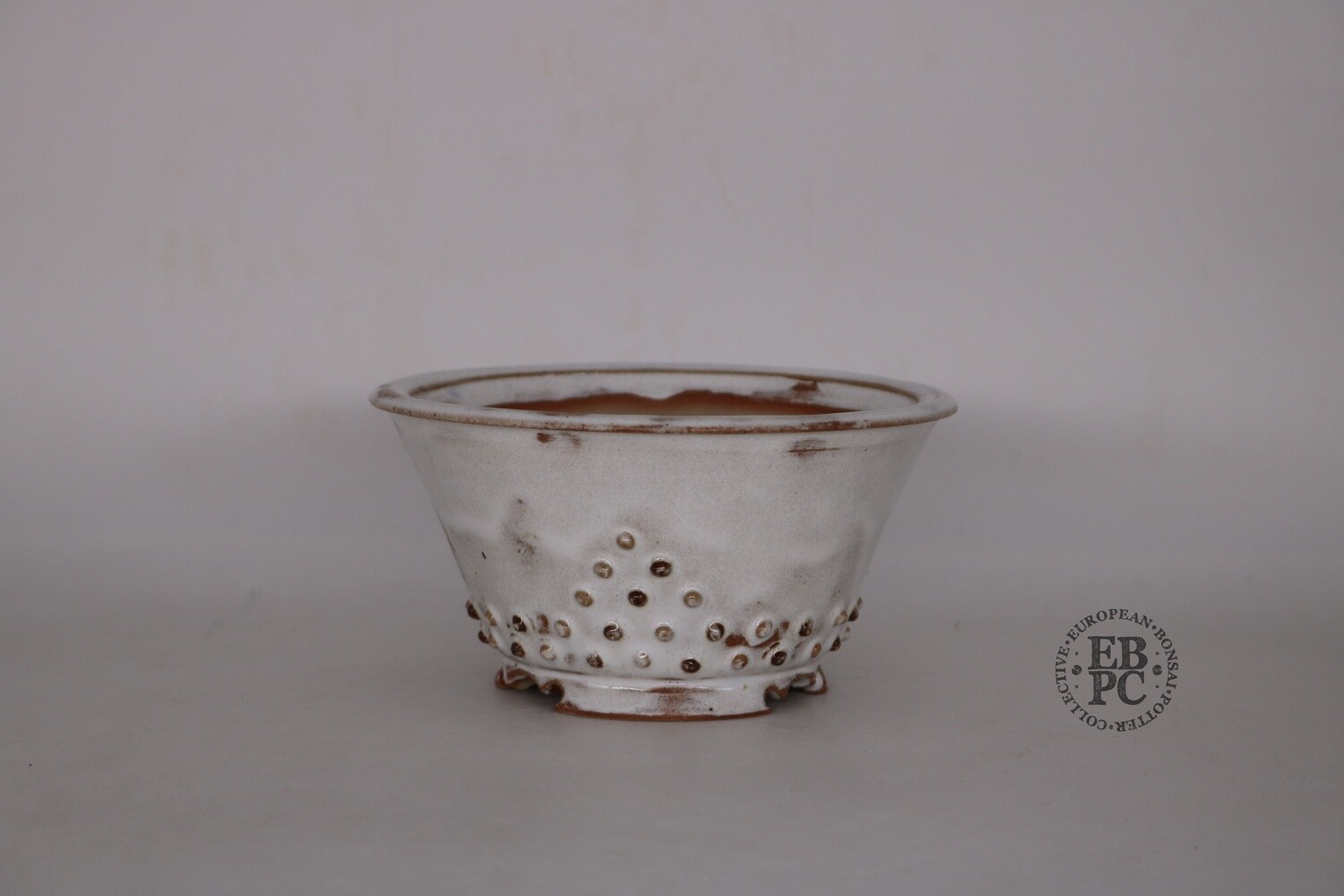 Amdouni Bonsai Pots - 14.1cm; Glazed; Round; White over Browns; Rivets / studs pattern Sami Amdouni