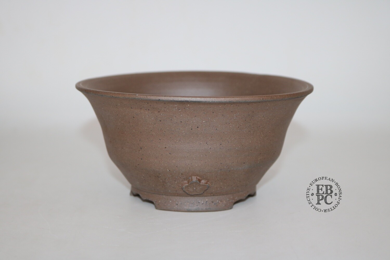 SOLD - Amdouni Bonsai Pots - 14.3cm; Unglazed; Round; Shohin; Flower Motif in Relief; Sami Amdouni