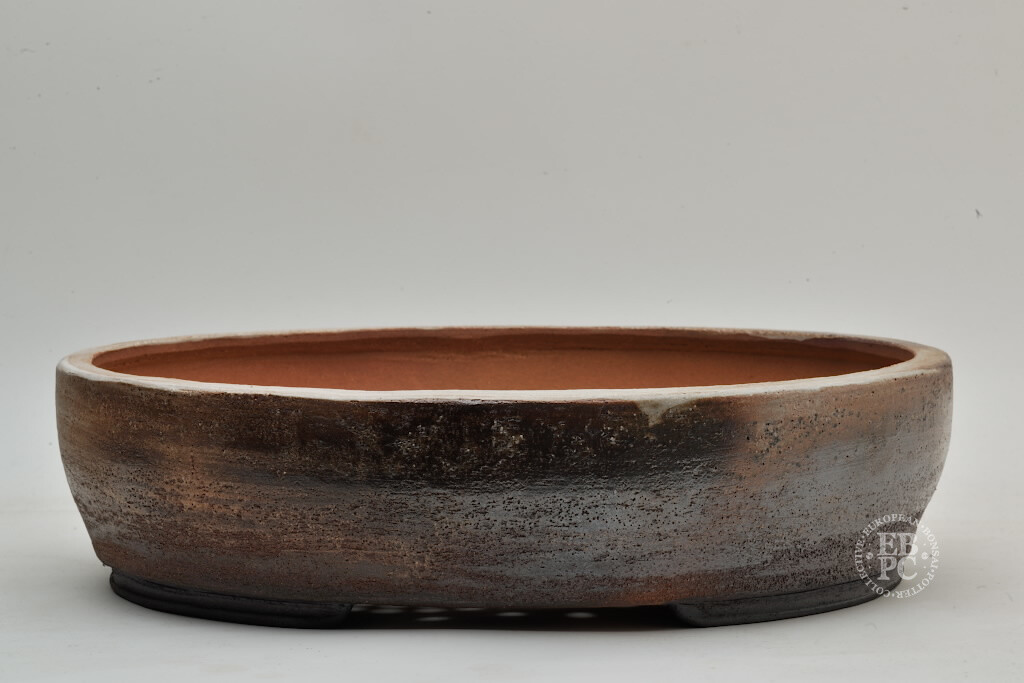 SOLD - Englert Keramik - 36cm; Oval; Wood-fired; Fly-Ash &amp; Light Salt Glaze; Superb Varied Flame-Signatures; Rough Spanish Clay with Medium Iron Body; Browns; Martin Englert