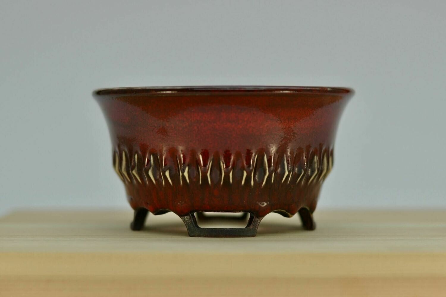 Gramming Pots - 11.5cm; Stunning &#39;Stitch&#39; Carved Design; Glazed; Sang de Boeuf Red Glaze; Carved Feet; Tomas Gramming