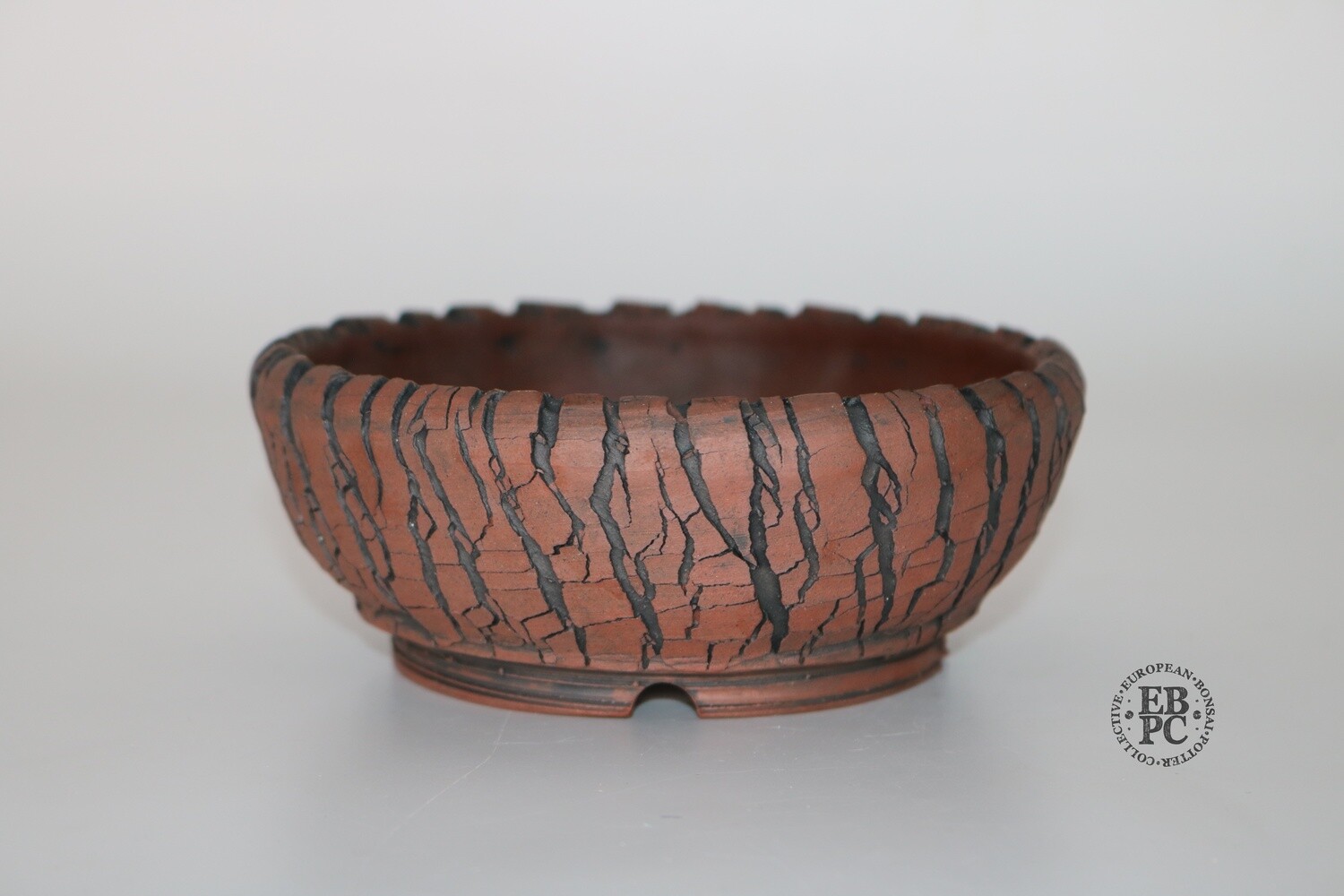SOLD - Paul Rogers Ceramics - 13.5cm; Unglazed; Round; Crackle Finish; Browns; EBPC Stamped;