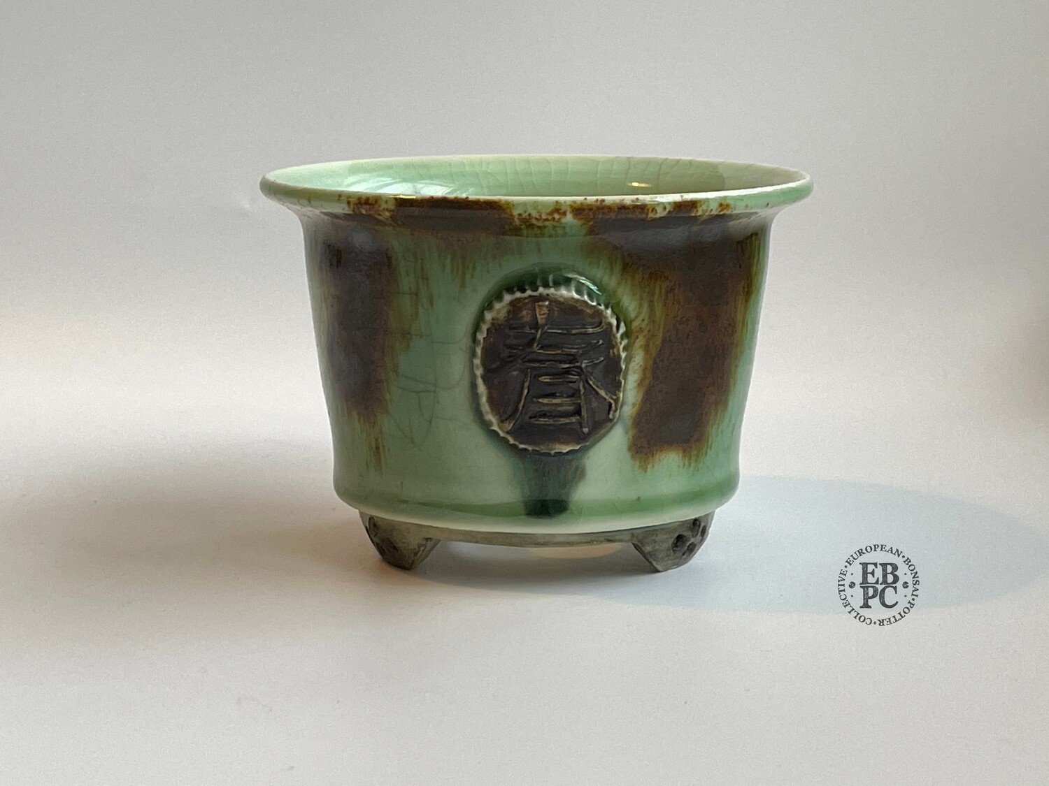 SOLD - EBL Pots - 10.1cm; Porcelain; Shohin / Accent pot; Carved '春' (spring) Motif; Recssed Feet; Aged Blue & Brown Glaze; Elsebeth Ludwigsen