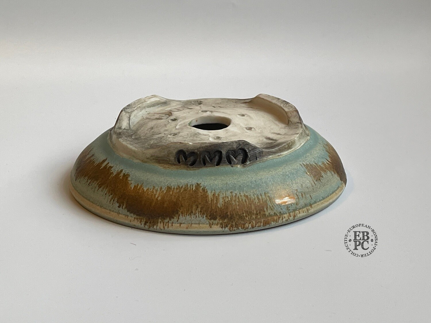 SOLD - EBL Pots - 13.9cm; Porcelain; Shohin / Accent Pot; Round; Blue/Green; Volcanic Sand; Detailed feet; Elsebeth Ludvigsen