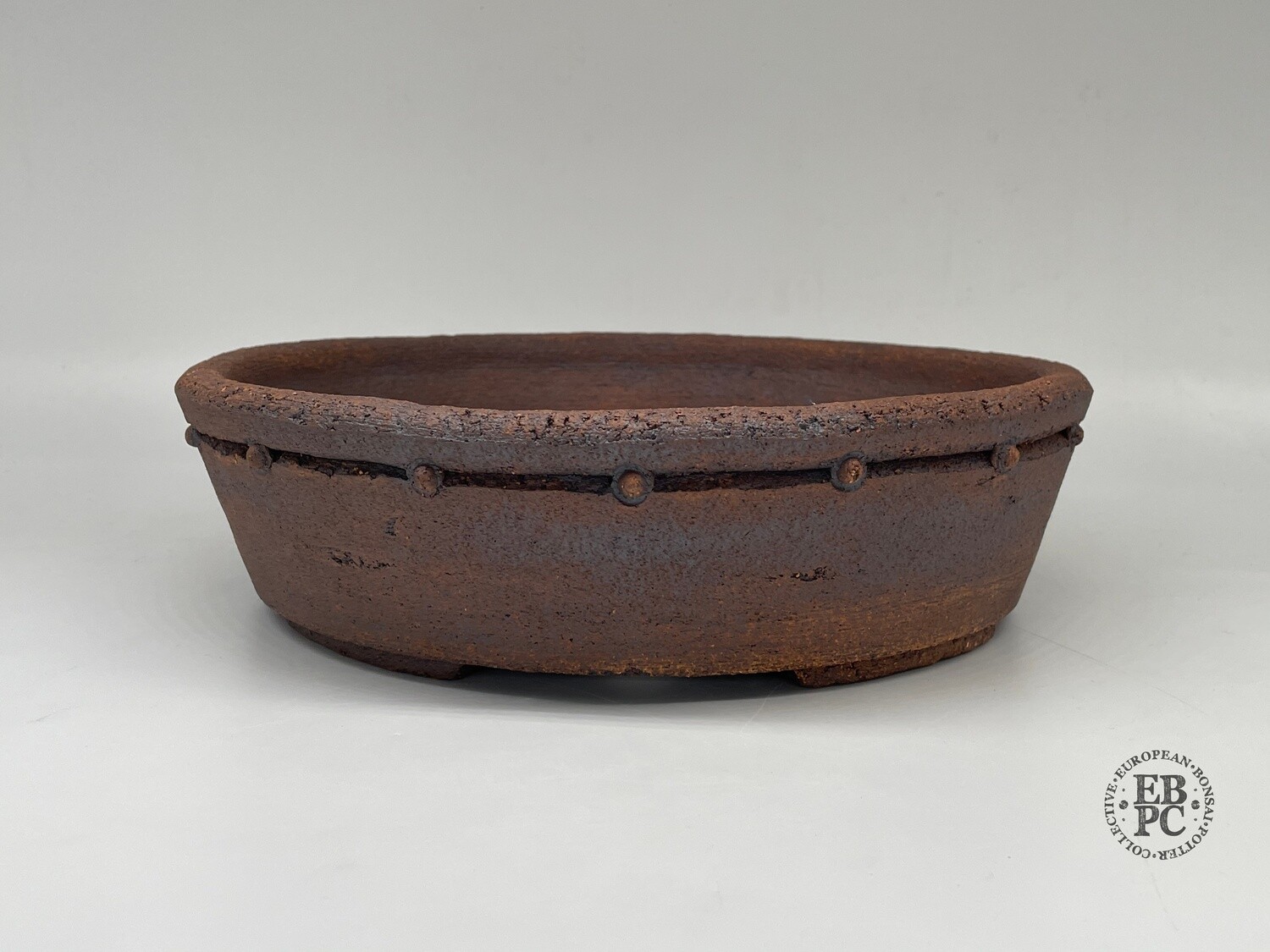 Dragonfly Bonsai Pots. 28.9cm; Unglazed; Round; Inset-Studded; Drum/Nanban Design; Warm Browns; Caramel tones; Natural Textures; Aged finish