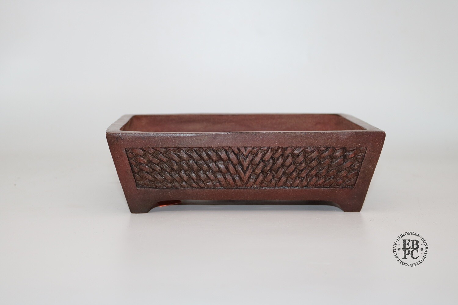 SOLD - M. J. G. Ceramica - 22.3cm; Unglazed; Rectangle; Inset Panel with 'Latticed Weave' Pattern; Reddish-brown Clay Finish; Maria Jose Gonzalez
