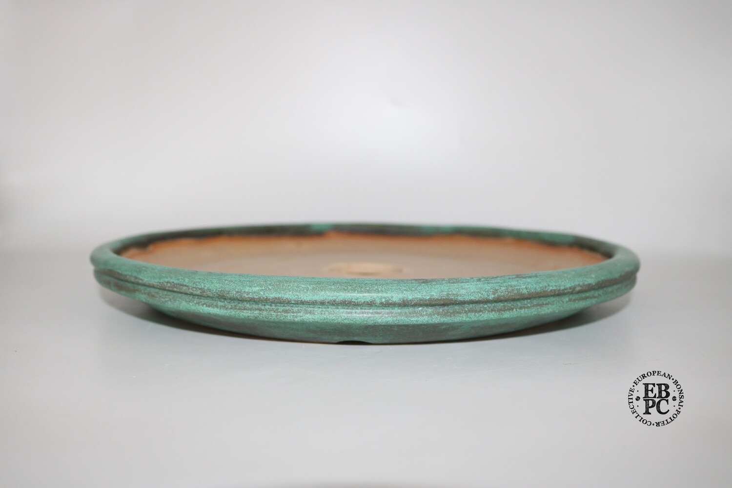 Fukurou Ceramics - Switzerland. 32.5cm; Hand-made; Nanban Style; 'Bag-style' Design (Fukuro-shiki) to Lip; Foot ring with Arch-cut Feet; Superb Glaze; 'Rusted Copper' Green; Patrik Lüthi