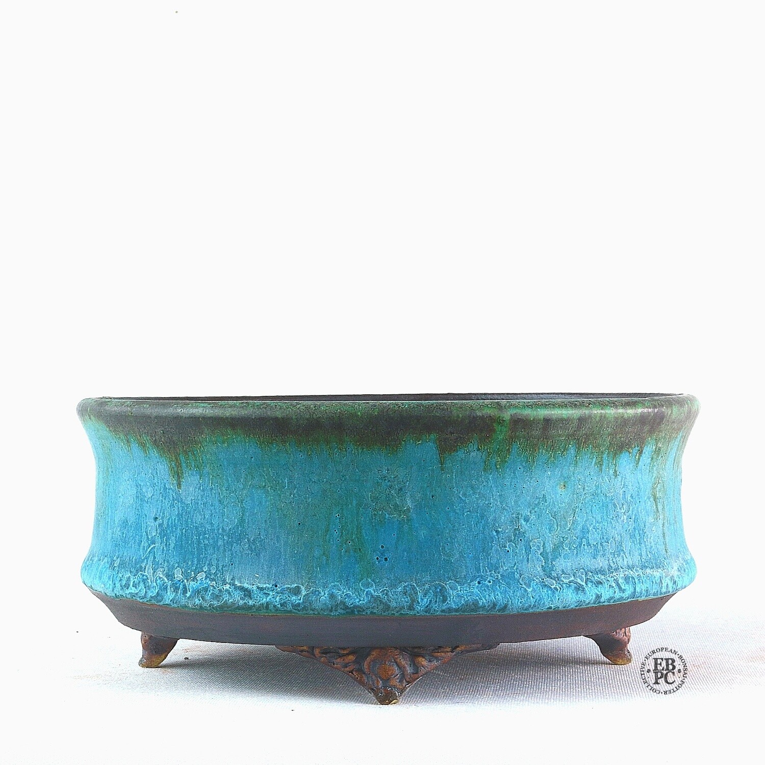 Kingdom Bonsai Pots - Ireland. 14cm; Round; Delicate Carved Feet; Exquisite Glaze; Blues; Greens; Browns; EBPC Stamped; Enda Coyne