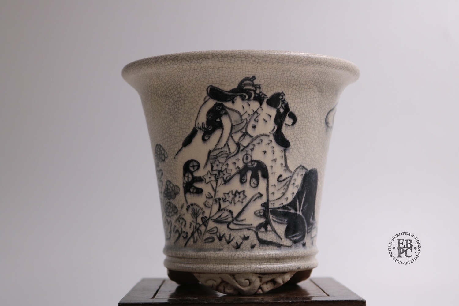 Peter Krebs - Germany.   Painted Cascade; 1999 Made!; Erotic &#39;Shunga&#39; Art Series; Exquisite Black Ink Painting; Antique Cream Crackle Glaze; Basal Band in Relief.