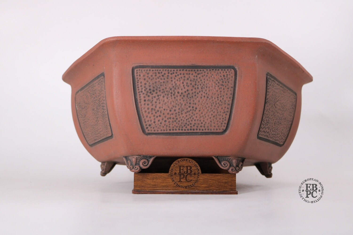 Stone Monkey Ceramics - 34.3cm; Unique Hexagonal Semi-Cascade; Incised Feature Panels; Reddish Clay; Cloud Feet; Hand-Signed; Andrew Pearson