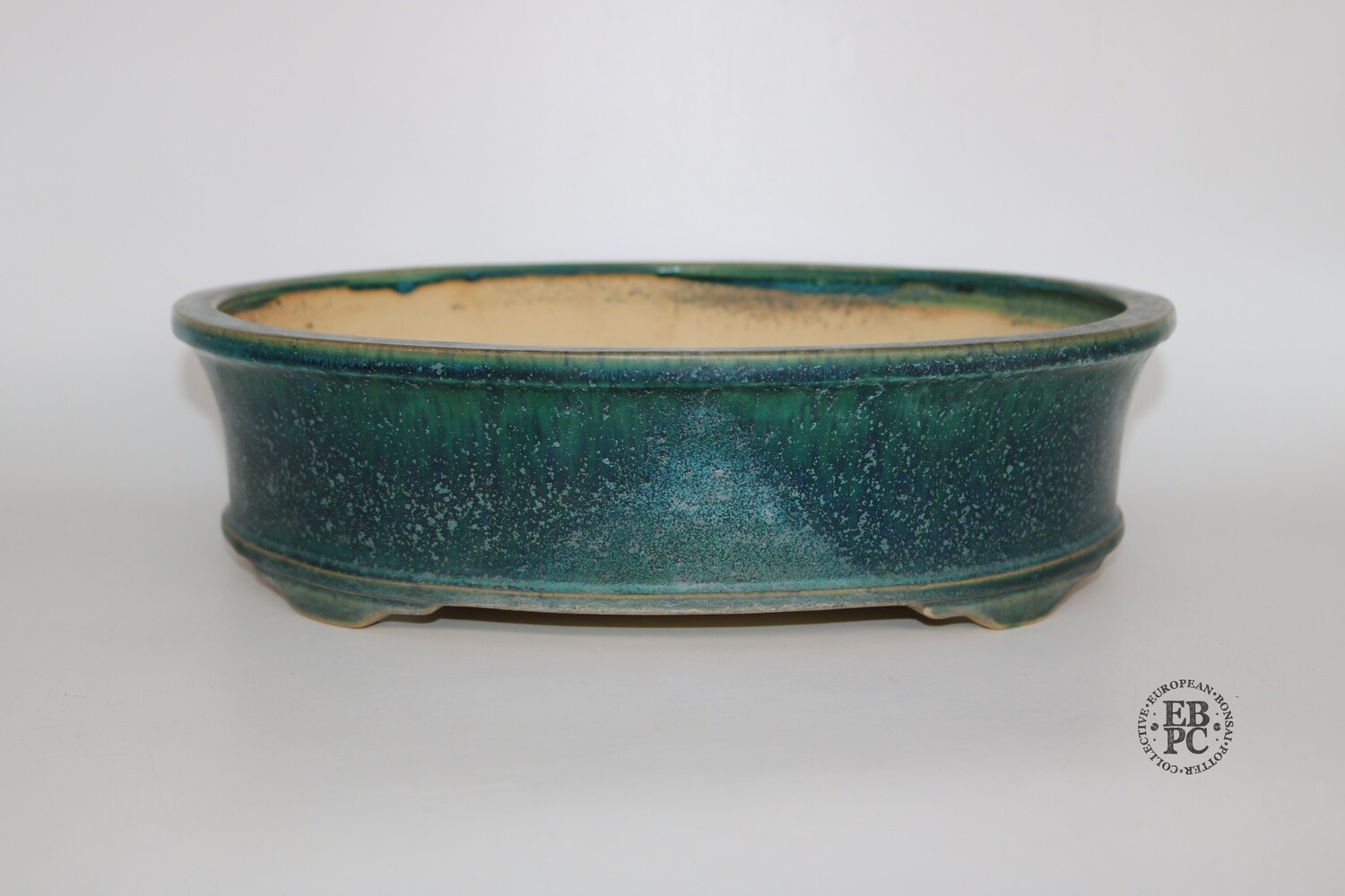 Yoshimura Shuhou- Tokoname, Japan.  33.8cm; Oval; Glazed; Older Pre-Loved Pot; Light Clay; Exquisite Oribe Crystalline Glaze; Greens; Blues; Patina