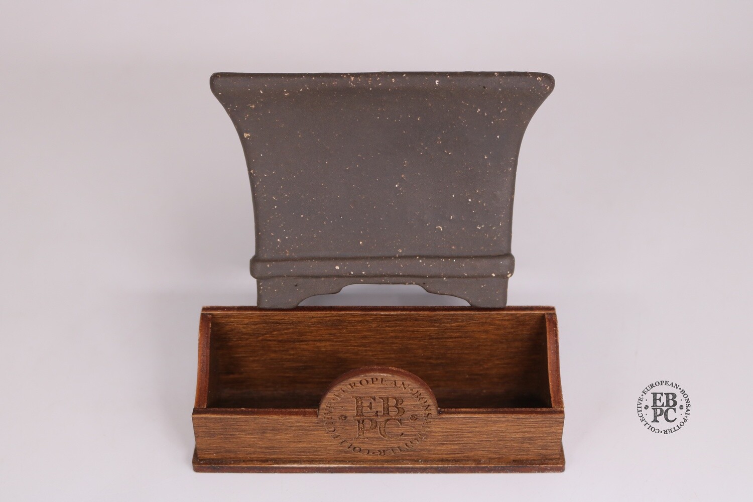 FURŌ  不老蘭 Bonsai Pots - France.    10.9cm; Antique Chinese-Inspired; Hand-made; Chamotte Clay; Square Semi-Cascade; Flares to Rim; Fine Detailing; Excellent Finish; EBPC Stamped; Florent Coirier
