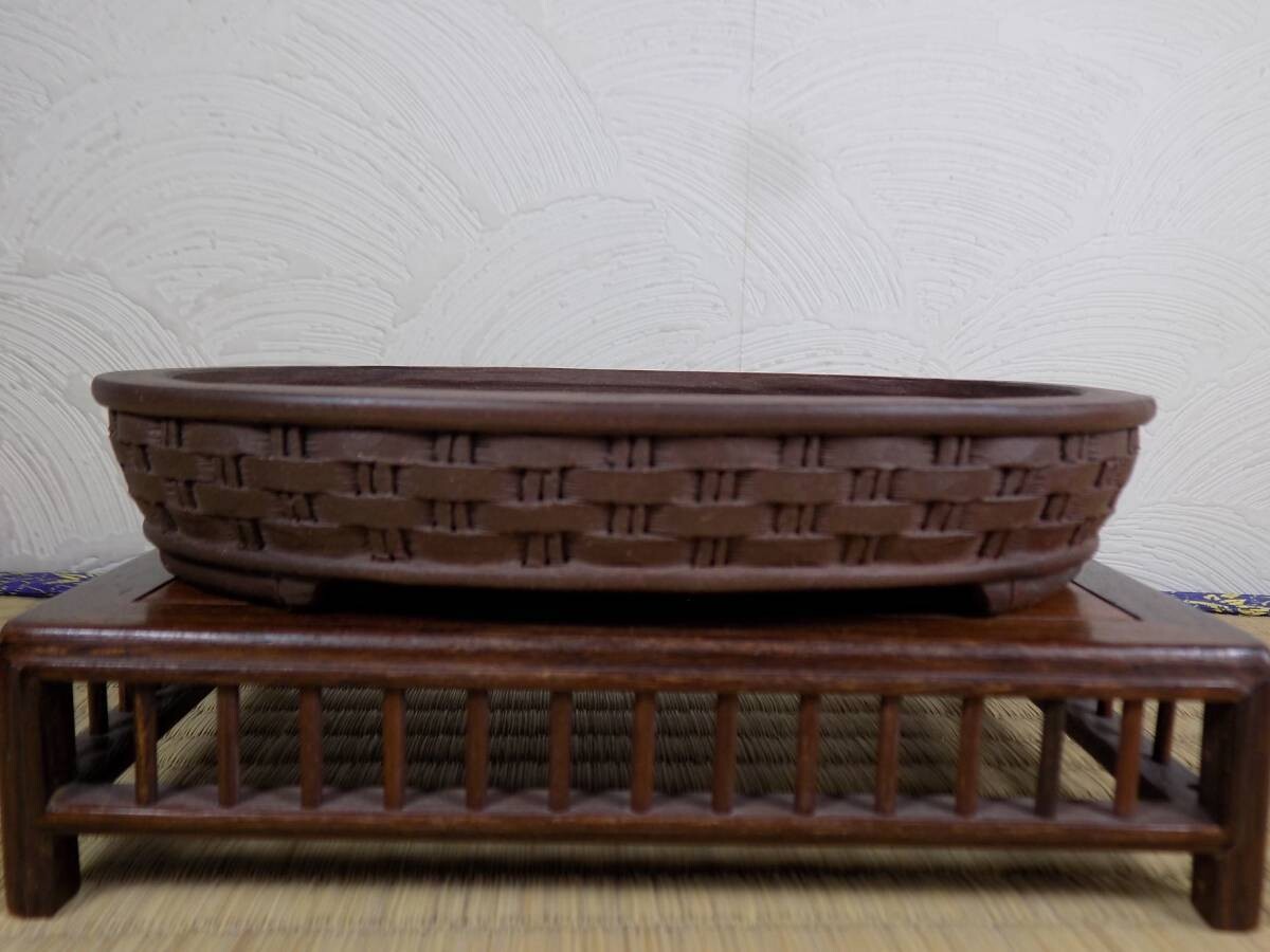 Hayashi Tojaku, Japan.  16.7cm; Oval; Unglazed; Older Pot; Exquisite Carving; Basket Weave; Bamboo Style Feet