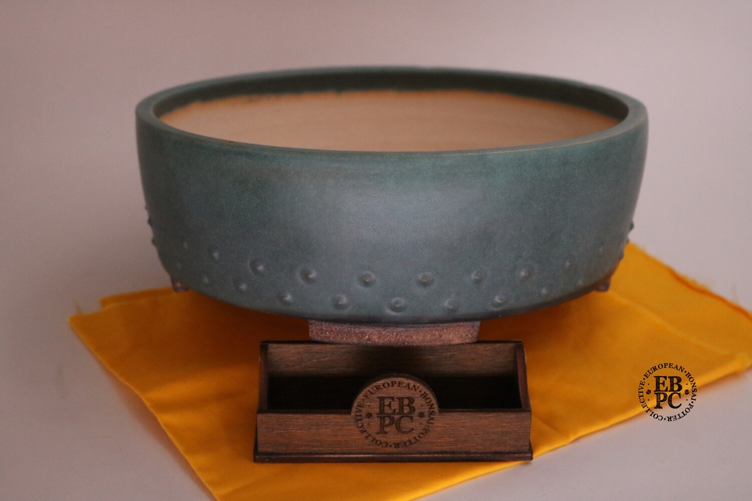 Stone Monkey Ceramics - 26cm; Large Glazed Drum; Rustic Green; Stud Details; Dual Stamped; Andrew Pearson