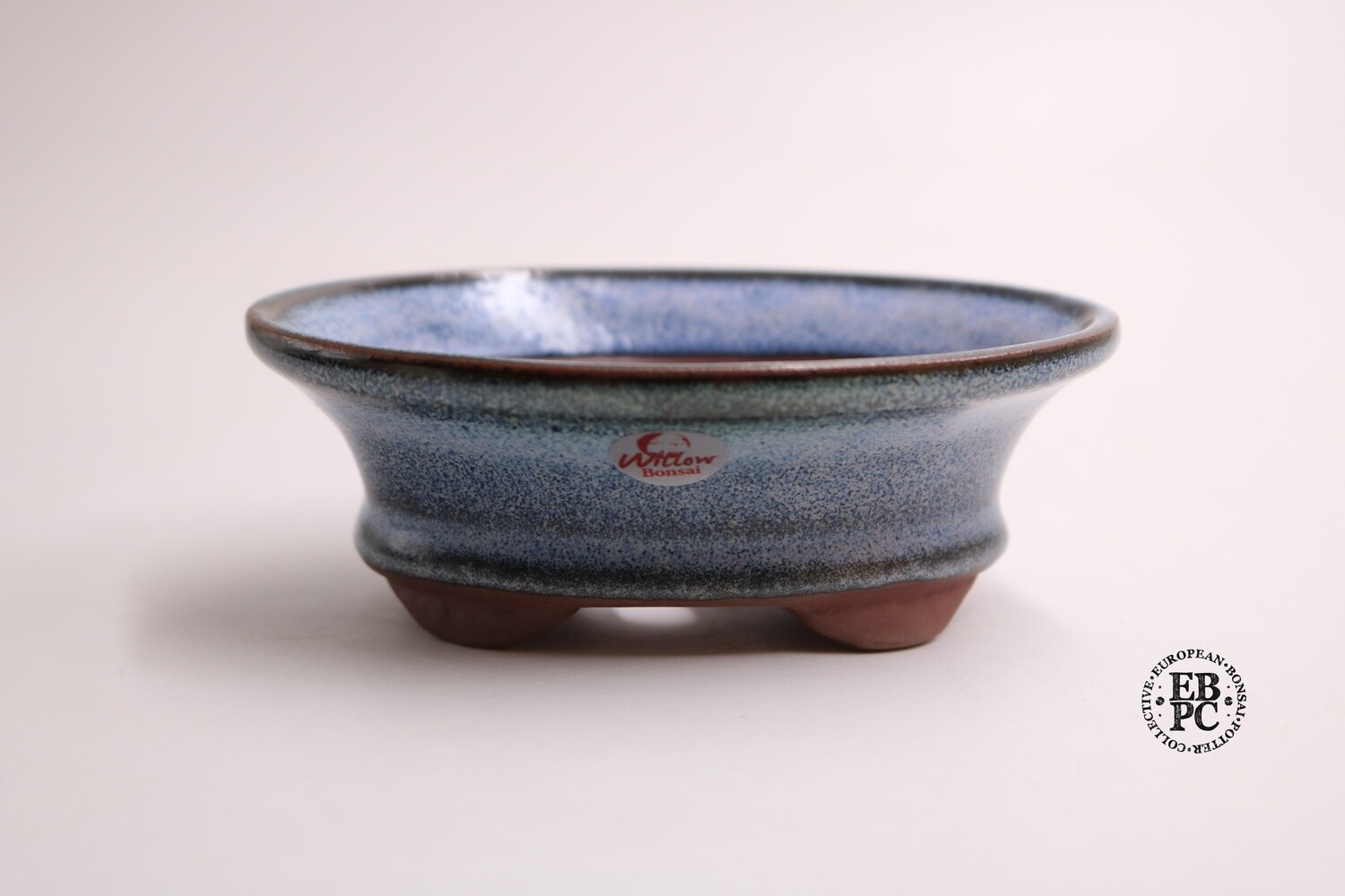 Willow Bonsai Pots. 11cm; Flared Oval; Denim Glaze; Mame / Small Shohin Size; Made in South Africa.