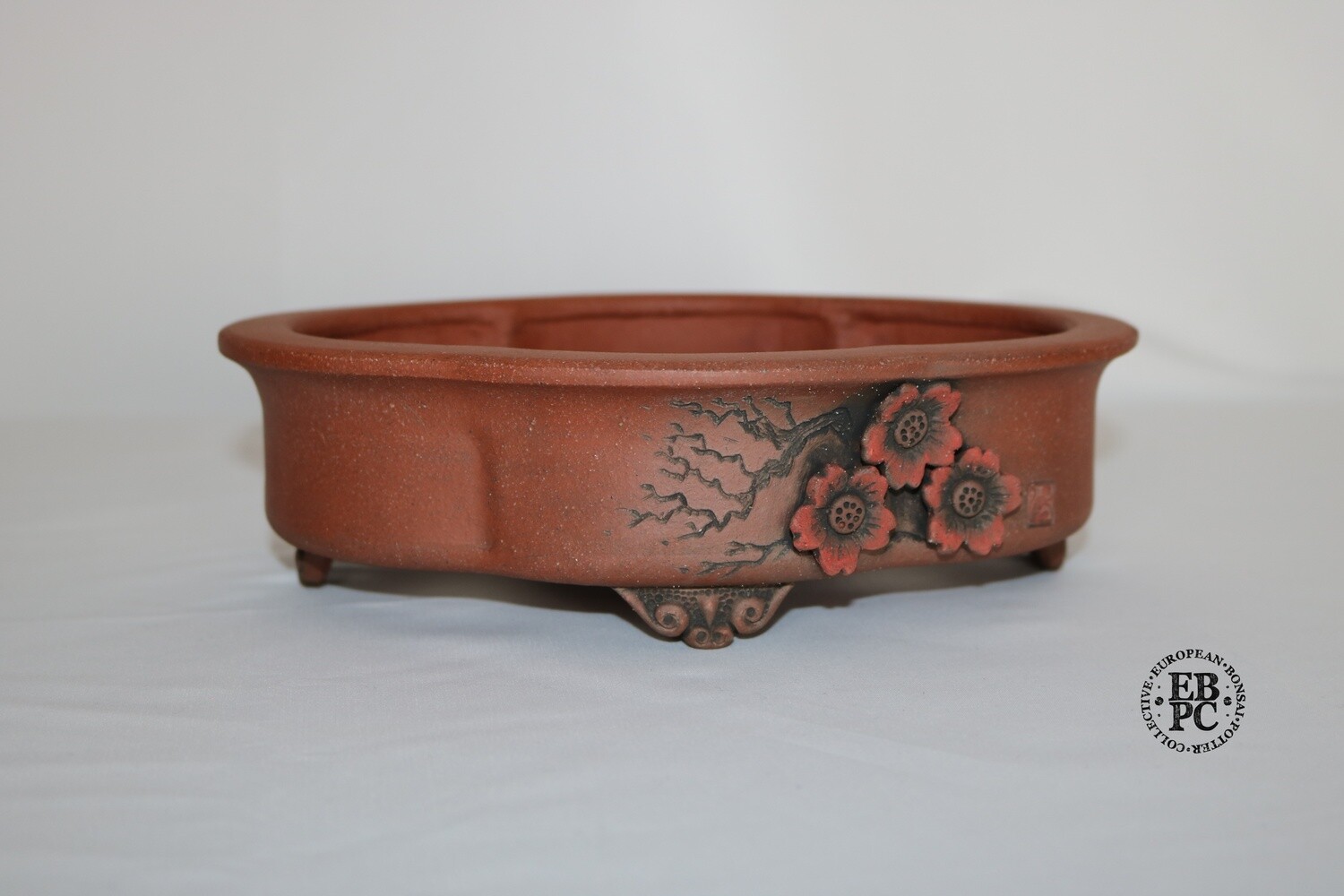 Stone Monkey Ceramics - 20.5cm; Unique Mokko; Reddish Clay; Ume / Plum Flowers &amp; Branch Design; Show Stamp; Andrew Pearson