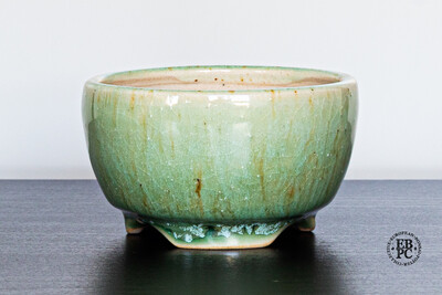 Yaruki Ceramics - Rome.   7.7cm; Round; Mame; Hand-thrown; Celadon Crackle glaze; Light Green; Hints of Brown & Aquamarine; Dual Stamped; Made by Giuseppe Lombardo.