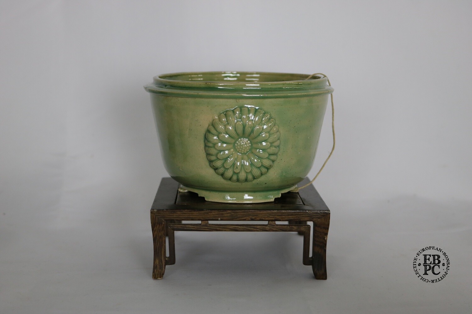 Amdouni Bonsai Pots - 14.4cm; Round; Celadon Glaze; Light Green; Flower Motifs in Relief; Recessed Feet; Sami Amdouni.