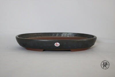 Willow Bonsai Pots.  24.7cm; Oval; Shallow Profile; Pewter Glaze; Recessed Feet; Made in South Africa.