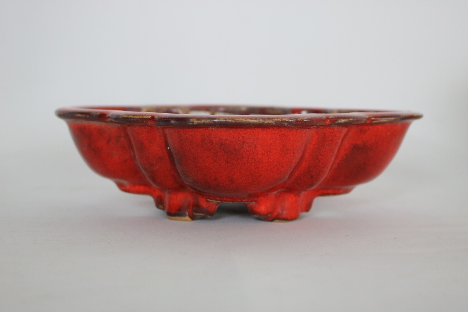 Sharaku, Japan. 19.5cm; Mokko; Double Scalloped Mokko; Glazed; Chicken Blood Glaze; Deep Red; Black Veins; Hand-Signed;