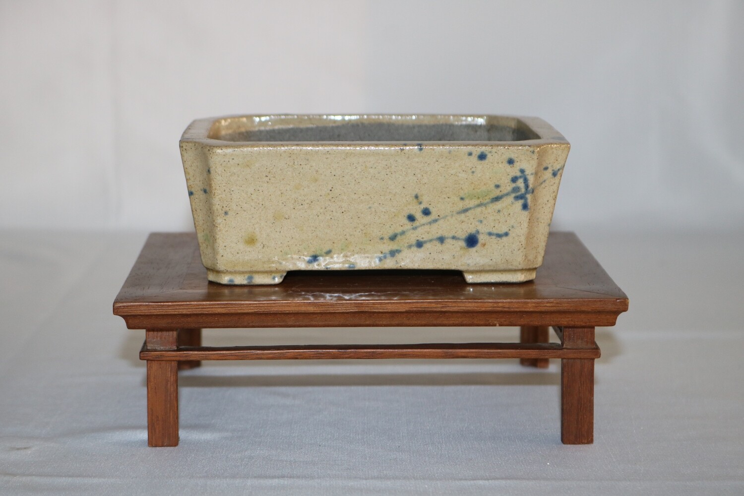 Satomi Terahata, Japan.  15cm; Rectangle; Glazed; Cream Crackle Glaze; Splashes of Green &amp; Blue; Stamped by the artist;