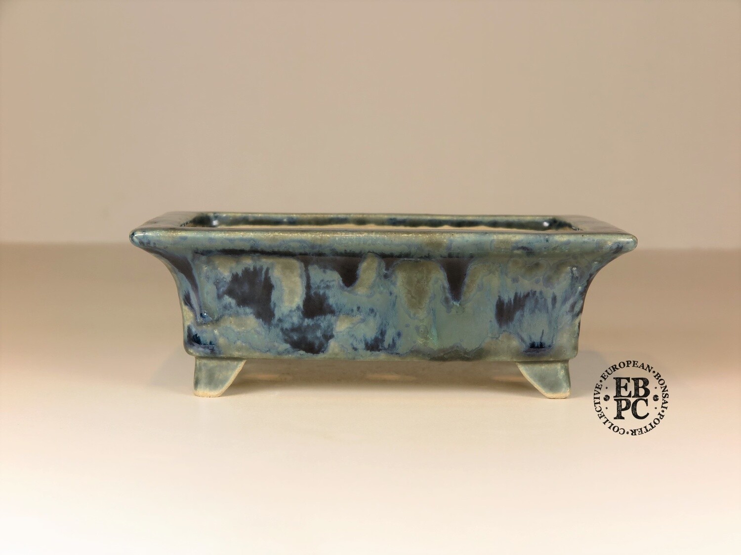 Jurg Staheli - Switzerland. 16.6cm; Rectangle; Large Shohin; Superb Marbled Glaze; Copper Green &amp; Cobalt Blue; EBPC Stamped