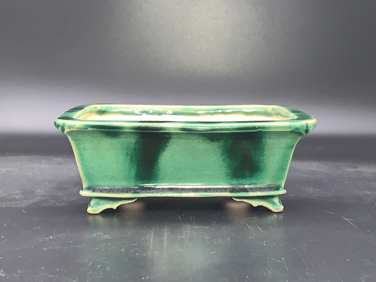 Reserved - Shunka Seizan; Japan. 15.3cm; Rectangle; Carved from a Block of Clay; Excellent Detailing; Glazed; White &amp; Green Crackle Glaze; Stamped by Artist