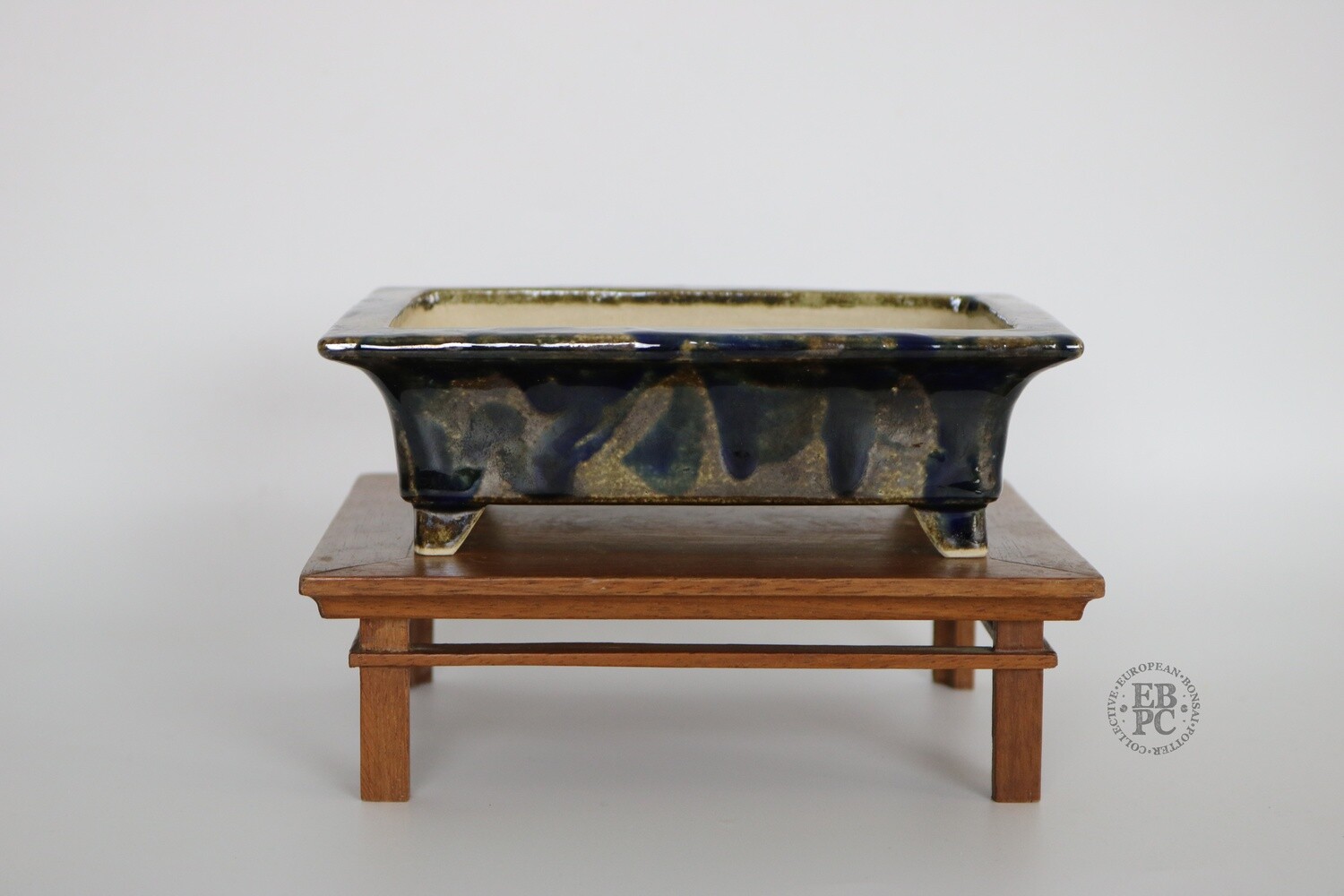 Jurg Staheli - Switzerland. 18.5cm; Rectangle; Large Shohin; Refined Form; Superb Drippy Tenmoku &amp; Dark Ruri Blue Glaze; EBPC Stamped.