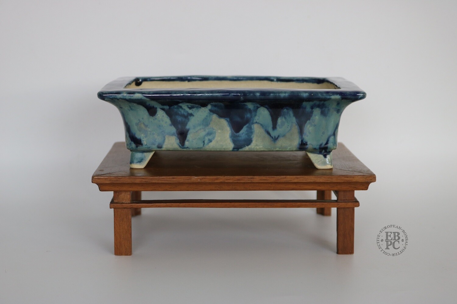 Jurg Staheli - Switzerland. 18.3cm; Rectangle; Large Shohin; Superb Drippy Glaze; Mirco Crystal Formations; Blues; EBPC Stamped.