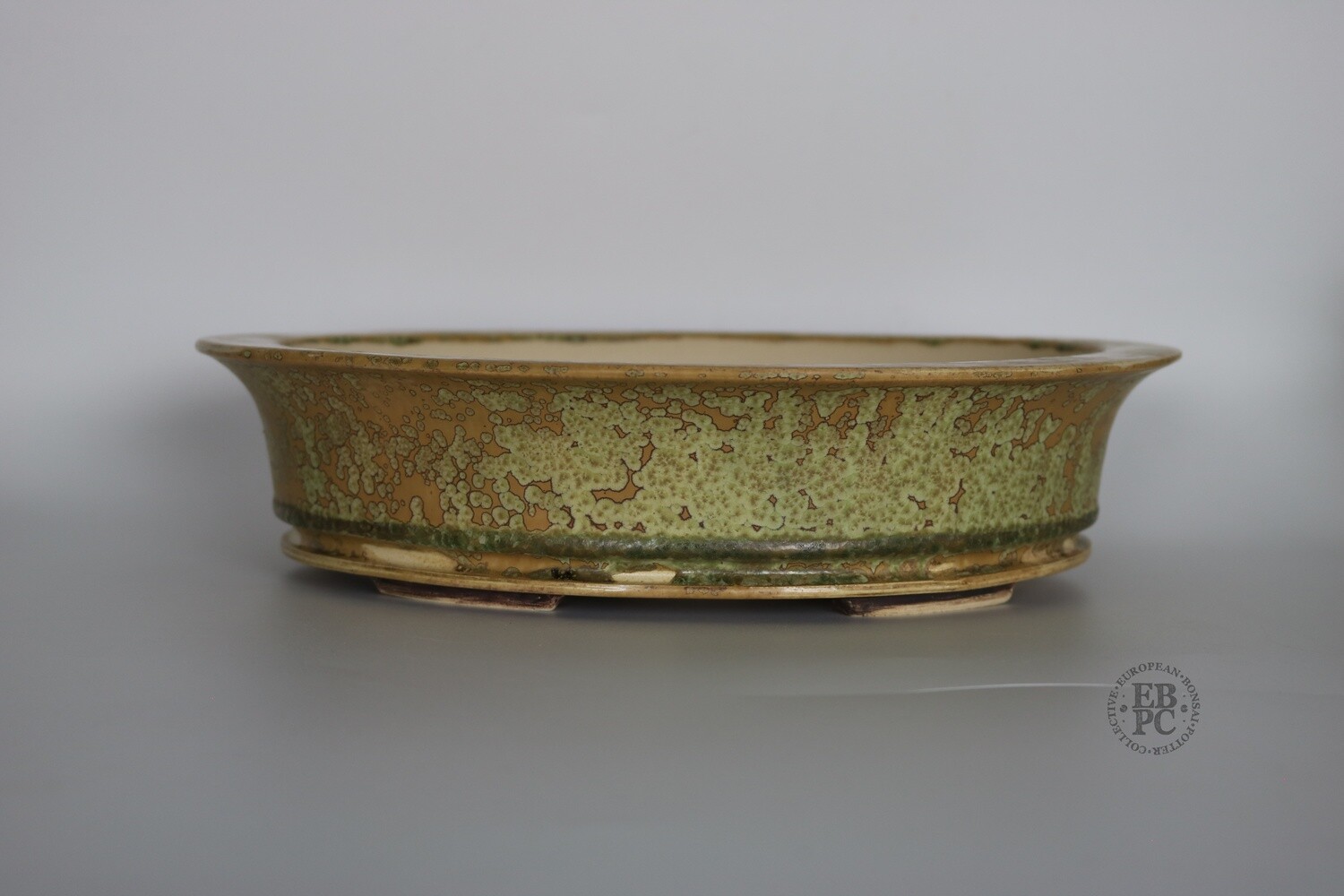 Bruno Auvinet - 28.6cm, Glazed; Oval; Crystalline Glaze; Light Caramel Brown; Lichen Green Crystals, Darker Oribe Green; EBPC Stamped; Bruno Auvinet