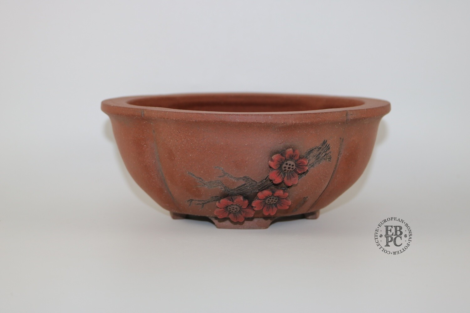 Stone Monkey Ceramics - 19.1cm; Unique Mokko; Reddish Clay; Ume / Plum Flowers &amp; Branch Design; Show Stamp; Andrew Pearson