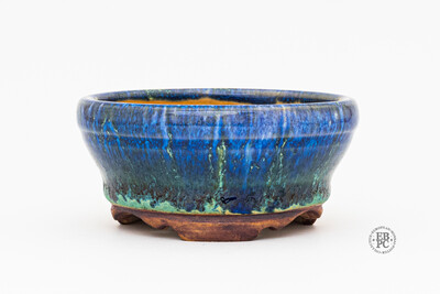Yaruki Ceramics - Rome.   9.4cm; Round Shohin; Buff Stoneware; Superb Glaze; Blues; Greens; Made by Giuseppe Lombardo.  *EBPC DIRECT (Sent from within the EU)