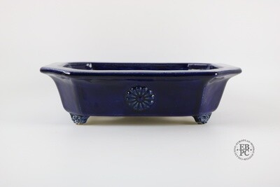 Amdouni Bonsai Pots - 24.3cm; Rectangle; Chrysanthemum Motif; Glazed; Ruri / Deep Blue; Cut Corners; Sculpted Feet; Sami Amdouni