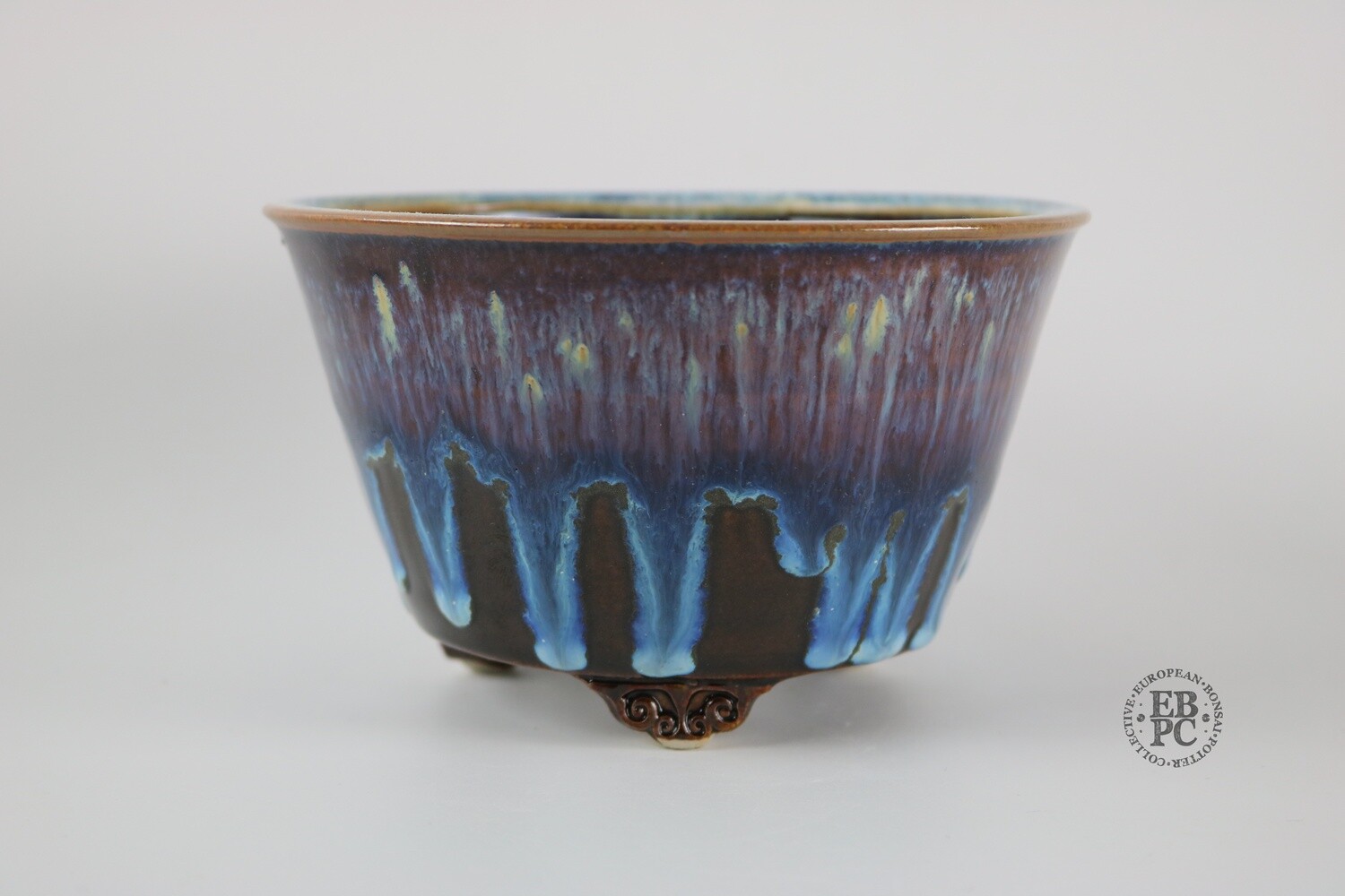Amdouni Bonsai Pots - 14.3cm; Round; Shohin-Sized; Exquisite Drippy Namako Glaze; Blue; Purple; Brown; Detailed Feet; Sami Amdouni.