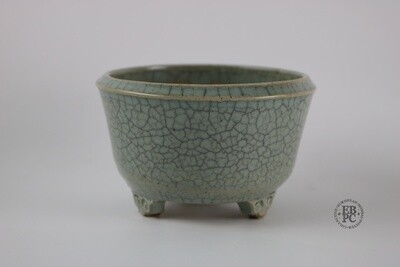 Amdouni Bonsai Pots - 12.1cm; Round; Shohin-Sized; Crackle Glaze; Grey/Green Celadon; Detailed Feet; Sami Amdouni.