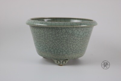 Amdouni Bonsai Pots - 14.4cm; Round; Shohin-Sized; Crackle Glaze; Grey/Green Celadon; Detailed Feet; Sami Amdouni.
