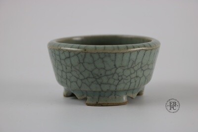 Amdouni Bonsai Pots - 6.6cm; Round; Mame-Sized; Crackle Glaze; Grey/Green Celadon; Detailed Feet; Sami Amdouni.