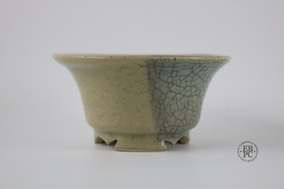 Amdouni Bonsai Pots - 9.7cm; Round; Shohin-Sized; Crackle Glaze; Dual Fronted; Cream & Grey/Green Celadon; Detailed Feet; Sami Amdouni.