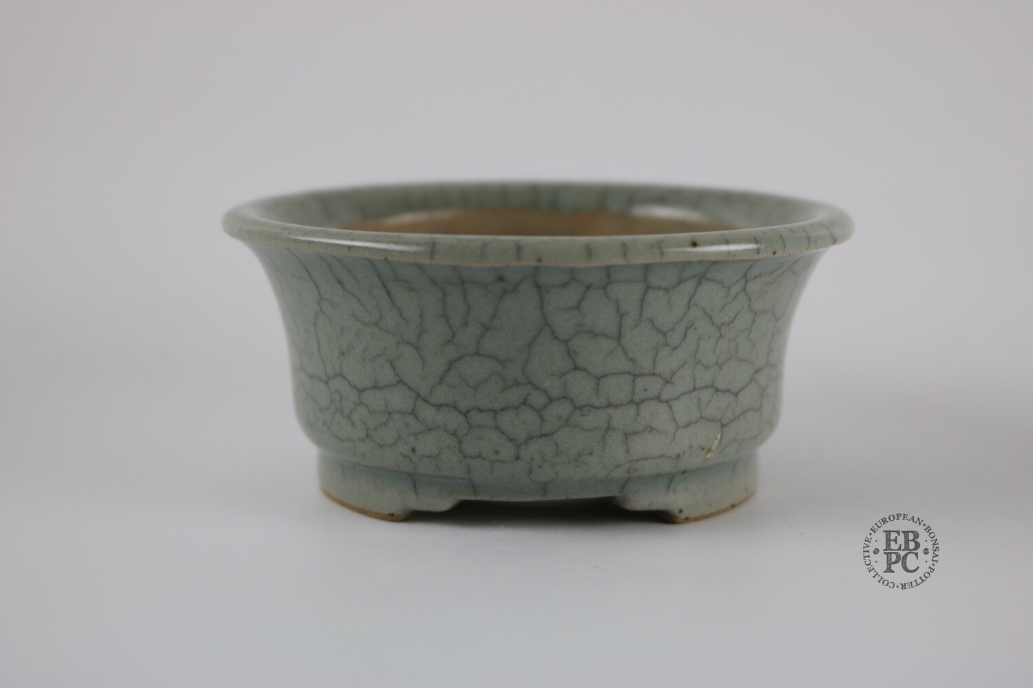 Amdouni Bonsai Pots - 10.4cm; Round; Shohin-Sized; Crackle Glaze; Grey/Green Celadon; Recessed Feet; Sami Amdouni.