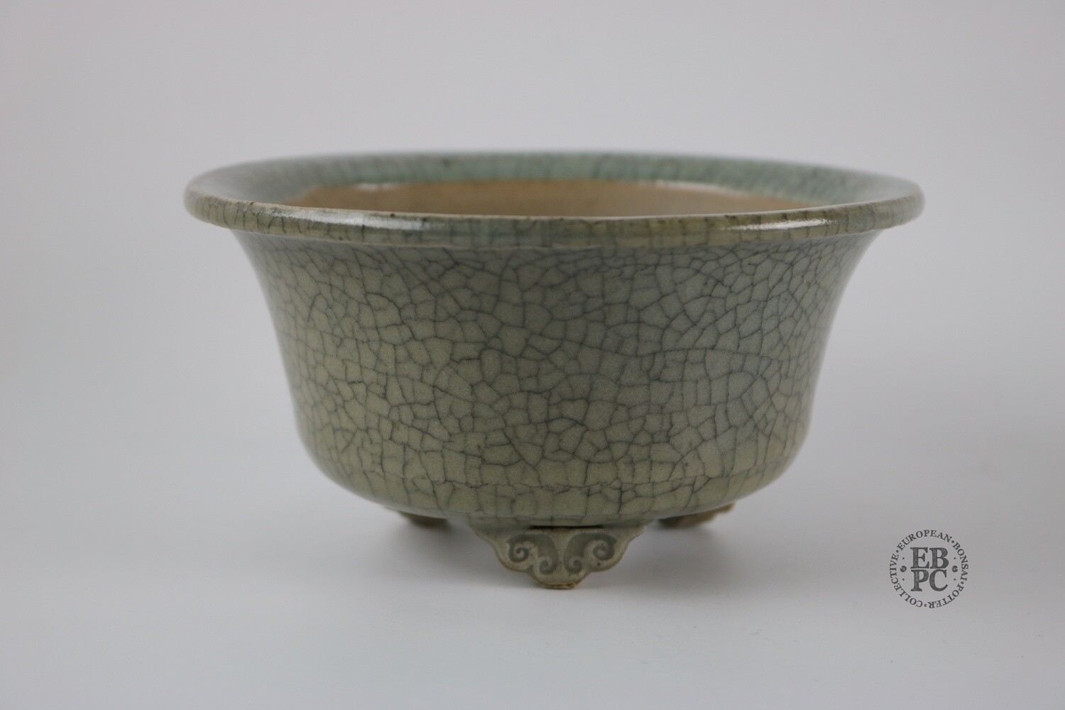 Amdouni Bonsai Pots - 13.1cm; Round; Shohin-Sized; Crackle Glaze; Grey/Green Celadon; Detailed Feet; Sami Amdouni.