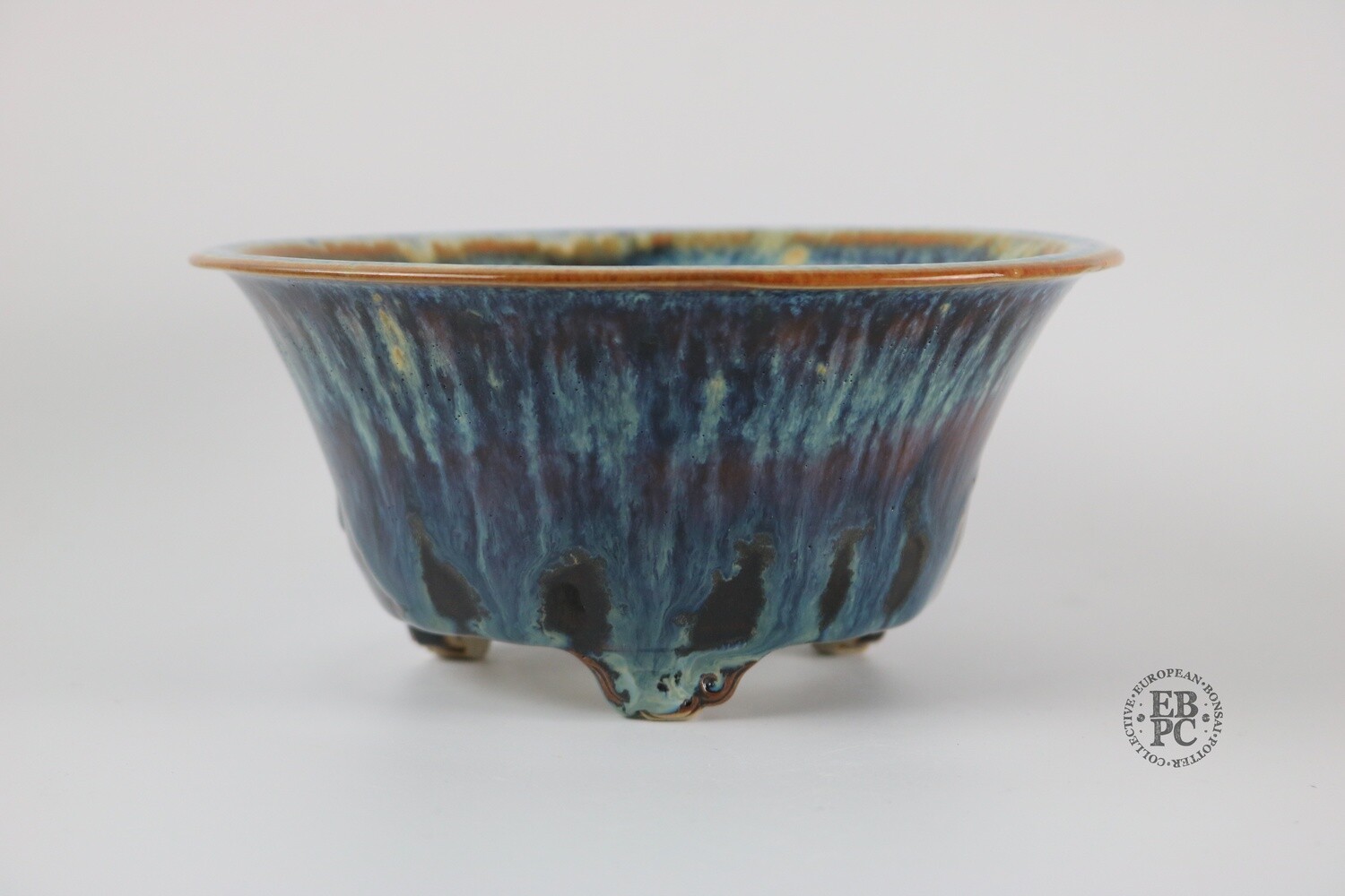Amdouni Bonsai Pots - 17.1cm; Round; Larger; Exquisite Drippy Namako Glaze; Blue; Purple; Brown; Detailed Feet; Sami Amdouni.