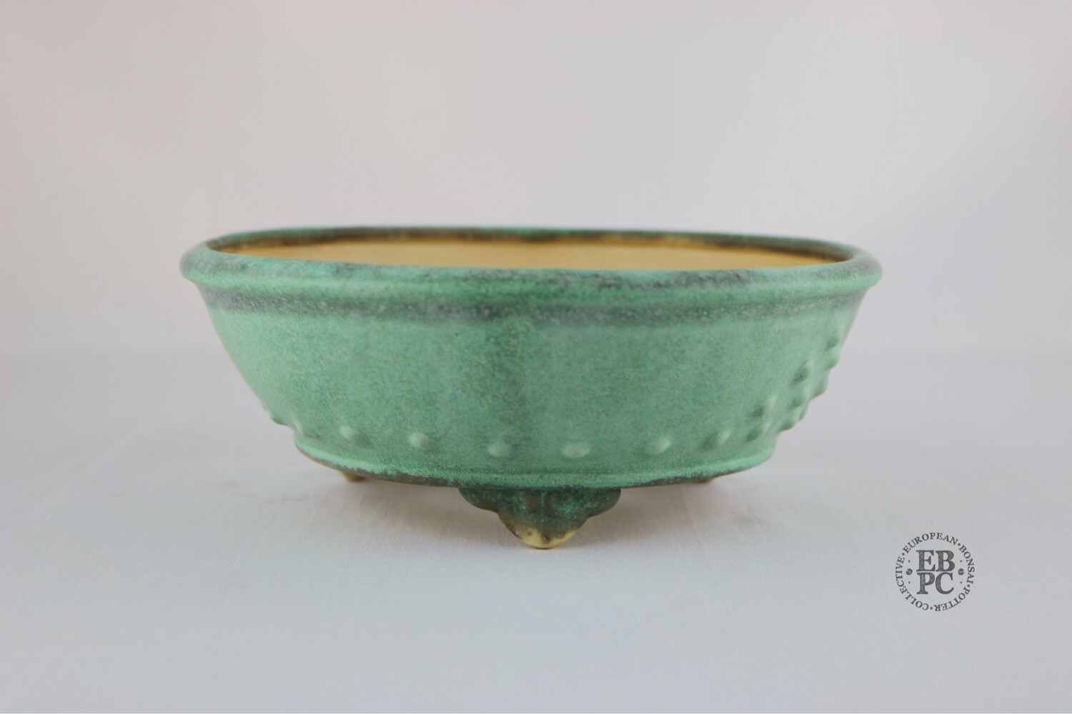 Fukurou Ceramics - Switzerland. 18cm; Hand-made; Refined Round; Studded Design; Delicate Feet; Superb Glaze; Greens; Brown; Patrik Lüthi