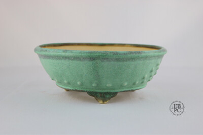 Fukurou Ceramics - Switzerland.  18cm; Hand-made; Refined Round; Studded Design; Delicate Feet; Superb Glaze; Greens; Brown; Patrik Lüthi