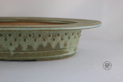 Fukurou Ceramics - Switzerland.  34.3cm; Hand-made; Refined Oval; Wide-Lipped Design; Superb Glaze; Greens; Blues; Patrik Lüthi; EBPC Stamped.